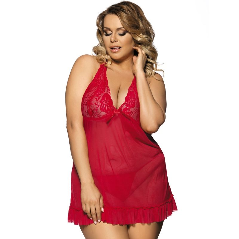 SUBBLIME QUEEN PLUS - BABYDOLL ROSSO MOTIVI FLOREALI NEL SENO